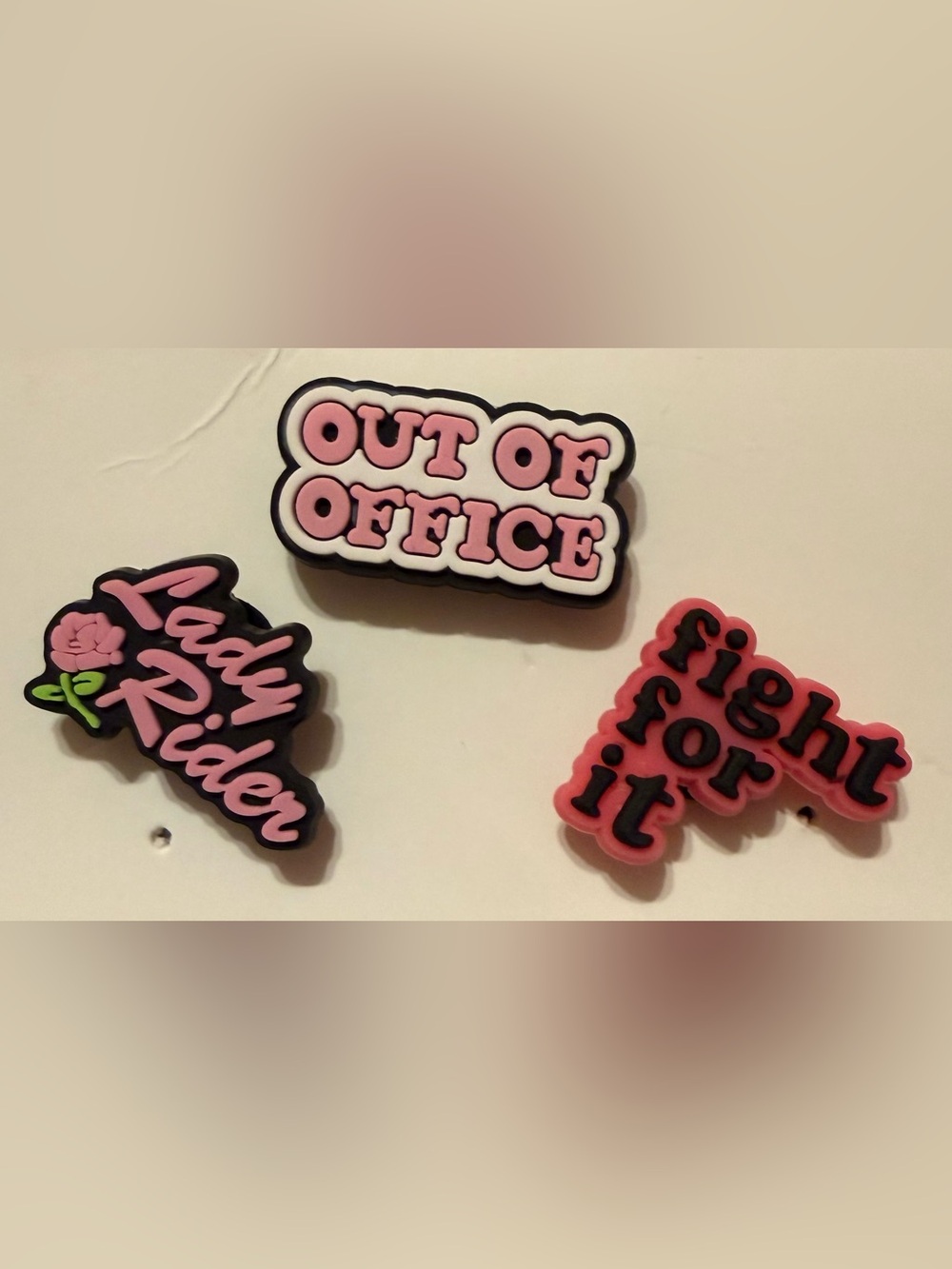 3-Piece Pink Croc Charm Set – Lady Rider, Out of Office & Fight For It